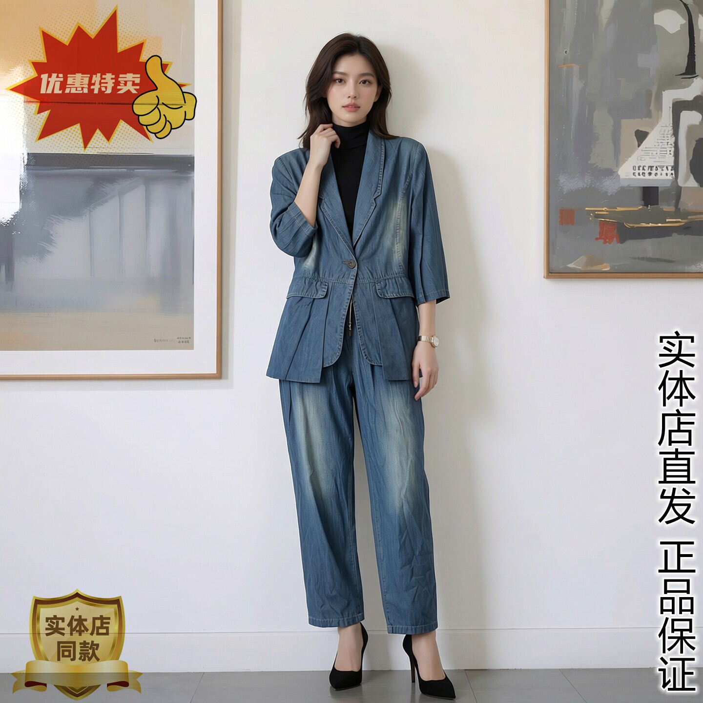 时尚女士风百搭牛仔西装套装