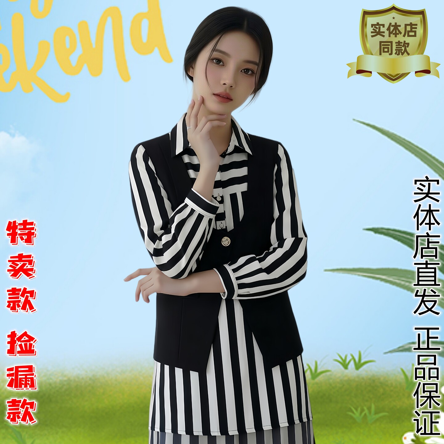 黑白条纹衬衫裙马甲两件套女春秋