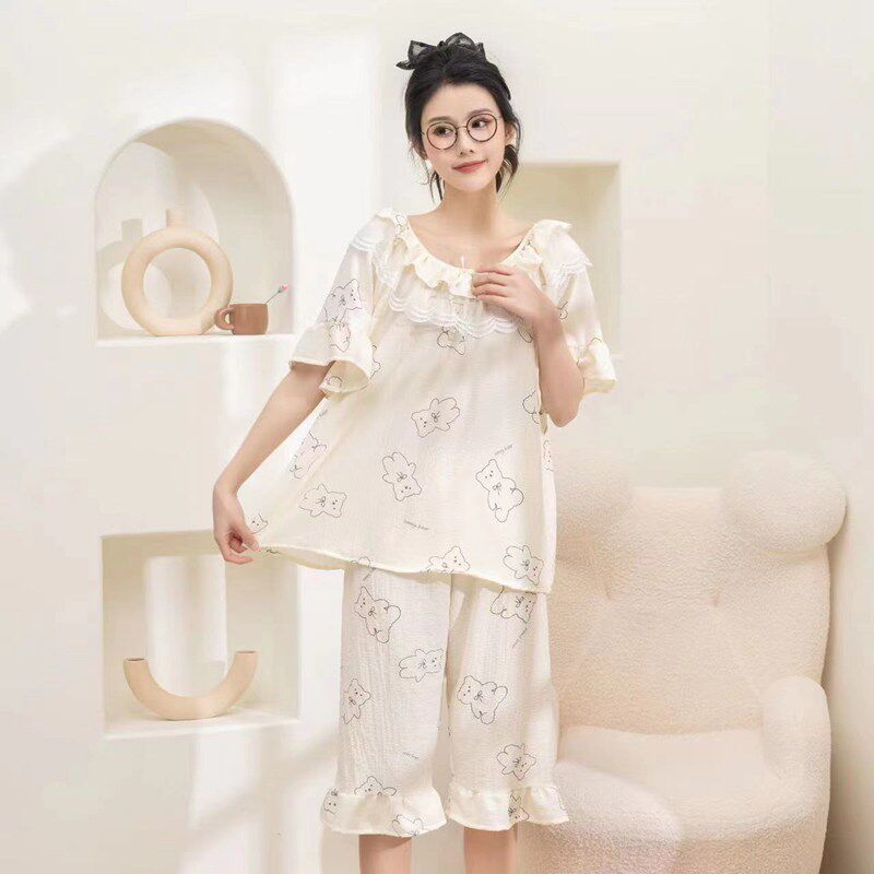 秀气宠儿女棉荷叶边睡衣套家居服