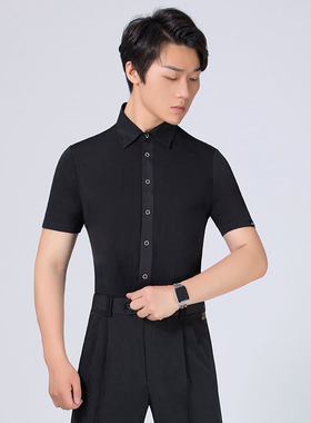 丹宝罗男士拉丁舞上衣舞蹈服男成人国标舞服装男装短袖修身练功服