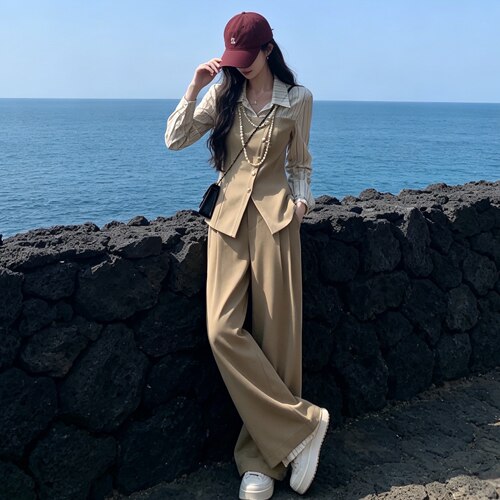 轻奢显瘦假两件衬衫阔腿裤套装