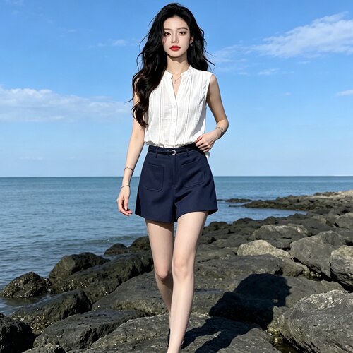 夏季白色无袖上衣短裤两件套女