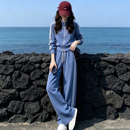 轻奢韩版条纹立领运动套装女