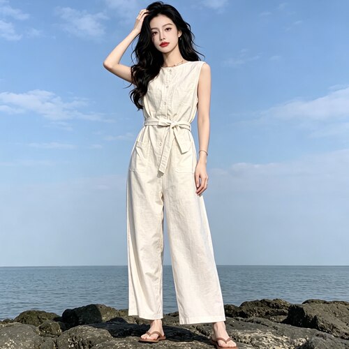 卡其色工装连体裤女夏小个子高级感减龄气质收腰阔腿连身衣连体裤
