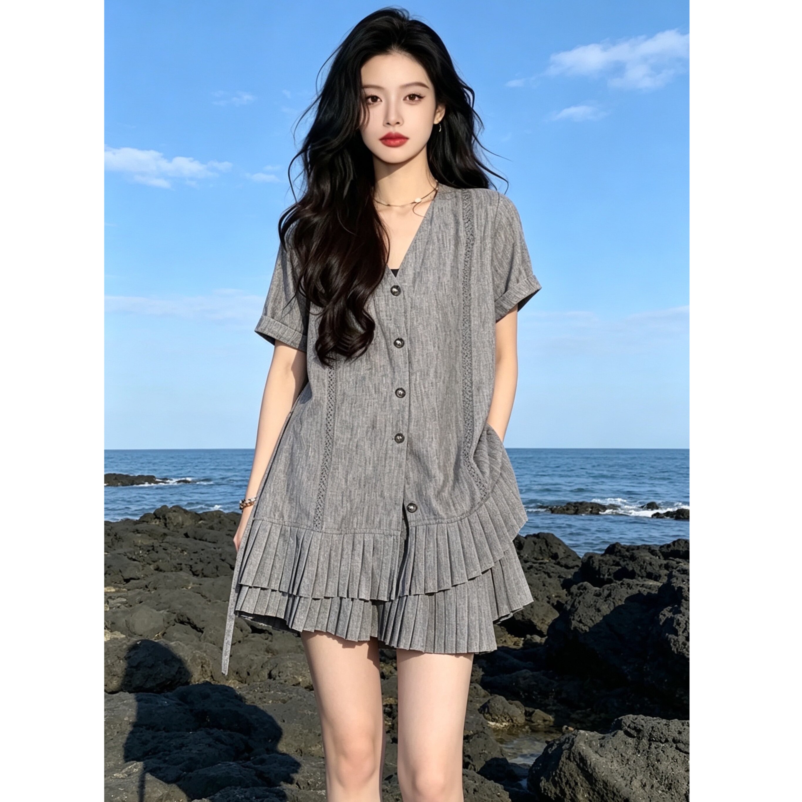 高品质夏季小众时尚小个子宽松百搭显瘦气质衬衫百褶短裙裤两件套