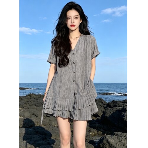 夏季小个子宽松显瘦衬衫短裙套装