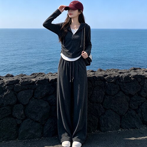 2026秋季新款韩版时尚休闲运动套装女连帽卫衣外套阔腿裤两件套
