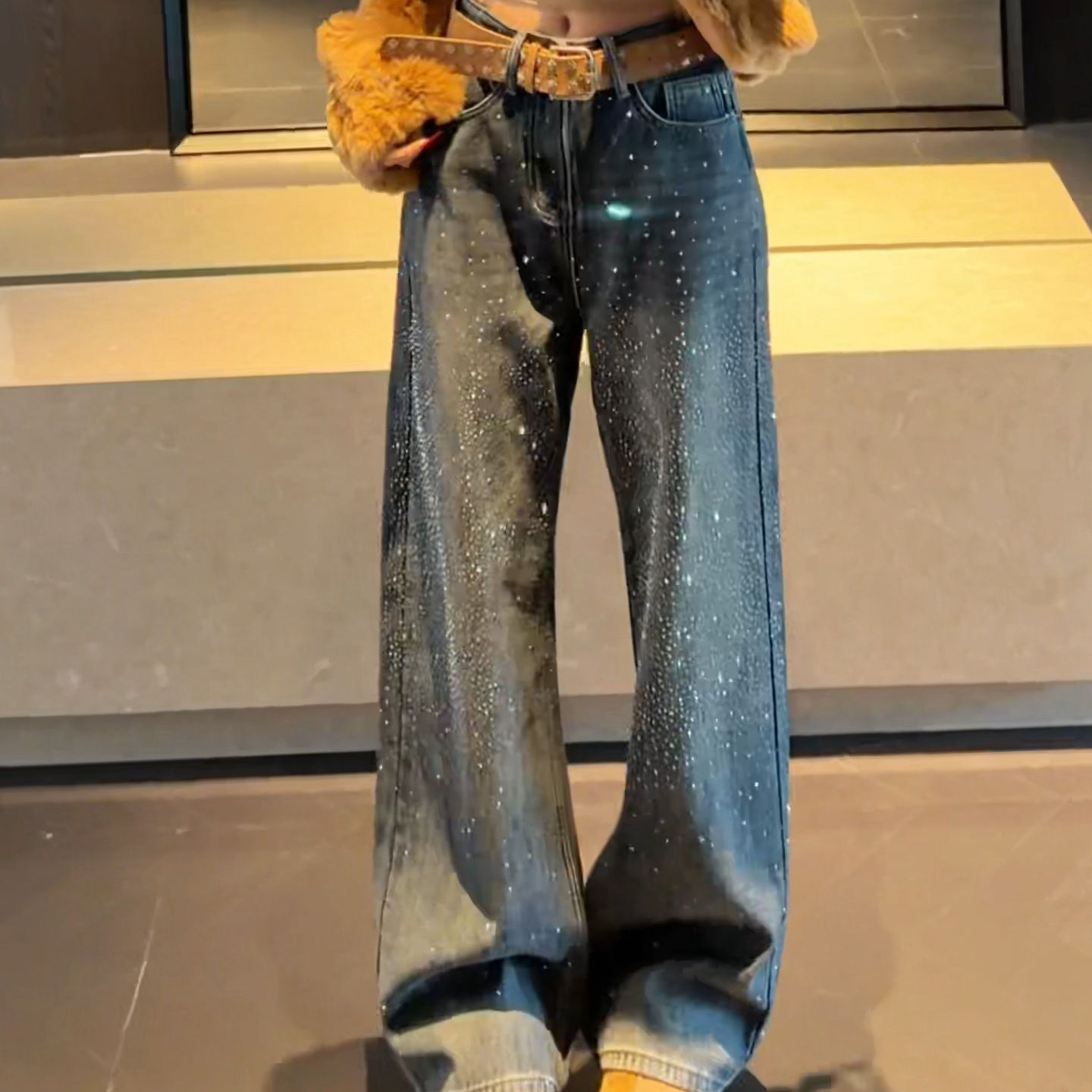 美式重工烫钻阔腿牛仔裤女2026春季复古水洗宽松不粘退垂感拖地裤,女装/女士精品,牛仔裤,淘宝优惠券,粉丝福利购,淘宝优惠卷