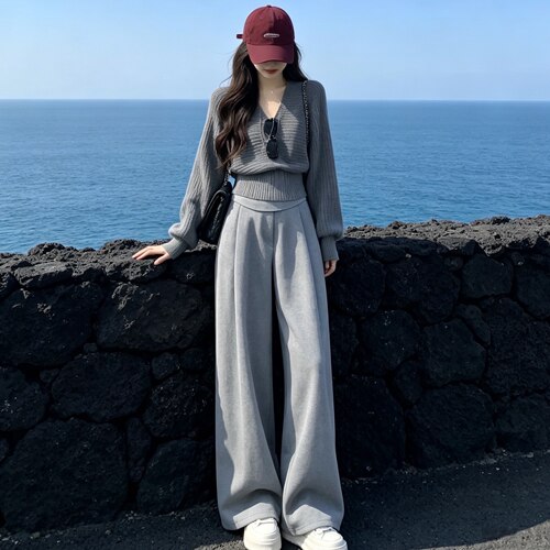 独特漂亮春装一整套韩系高级感V领收腰短款针织毛衣阔腿裤两件套