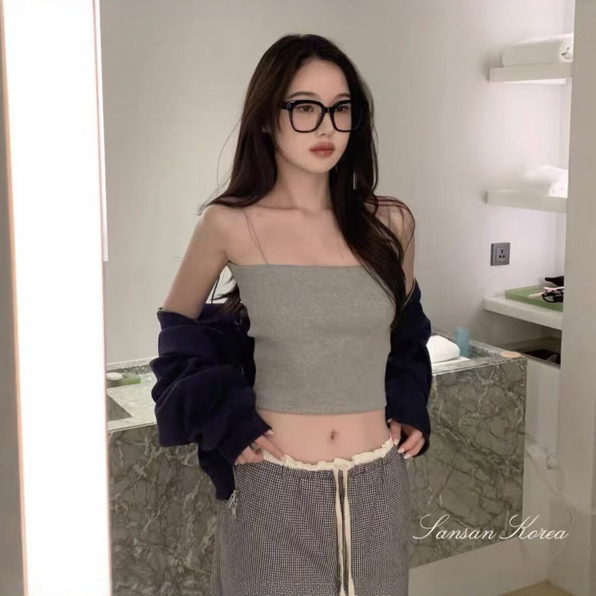 RUNXI闰熙6196吊带背心女夏季螺纹针织内搭外穿一体胸垫抹胸美背