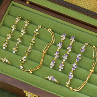 F515法式重工长款显脸小橄榄绿紫色锆石精致轻奢手链蚊香盘戒套装