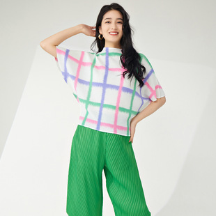 新款 韩版 简约短袖 三宅上衣 夏季 T恤设计感小众蝙蝠袖 宽松格子时尚
