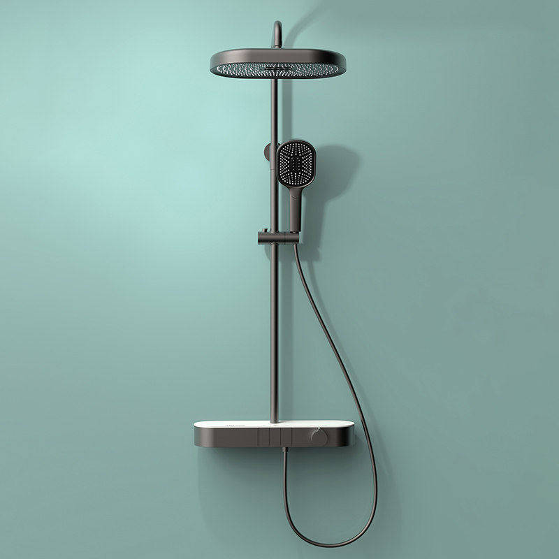 枪灰色浴室数显飞雨恒温花洒套装大置物台升降增压冷热水沐浴家用