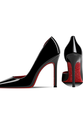 CL红底鞋时尚水钻黑色漆皮侧空尖头细跟高跟鞋女2026年春季新款