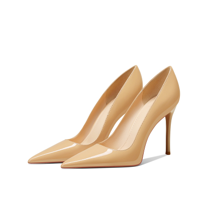 裸色漆皮小个子不累脚高级感百搭2025秋冬季新款尖头细跟高跟鞋女