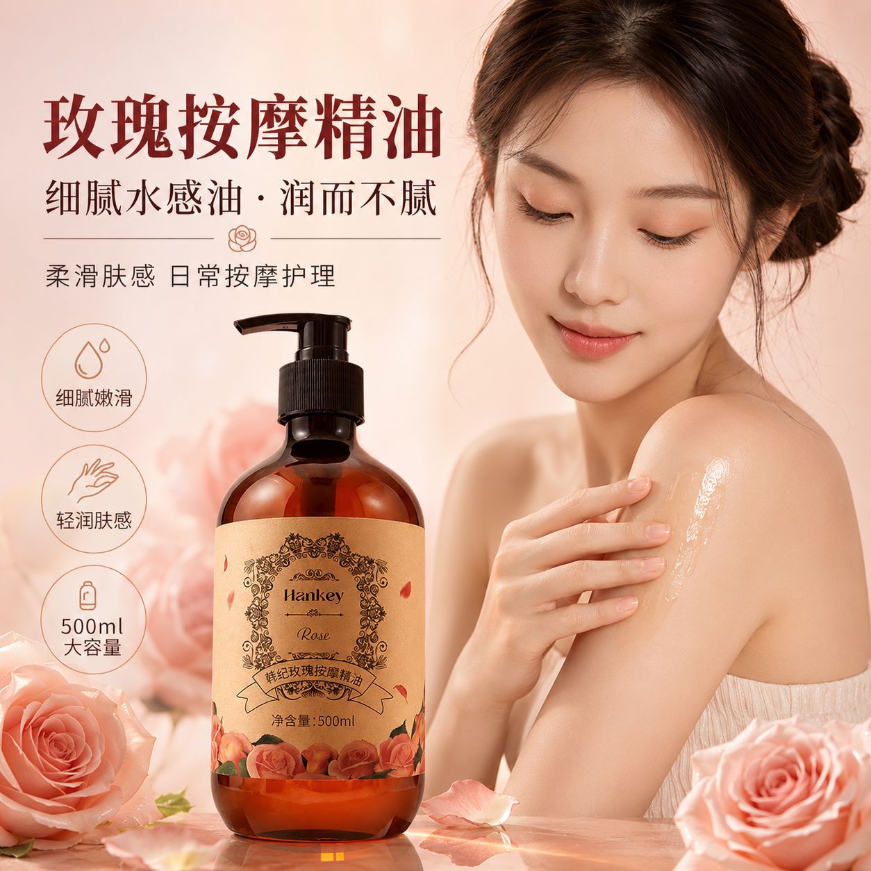 韩纪玫瑰按摩精油500ml保湿滋润推拿按摩精油美容院护肤品厂家批