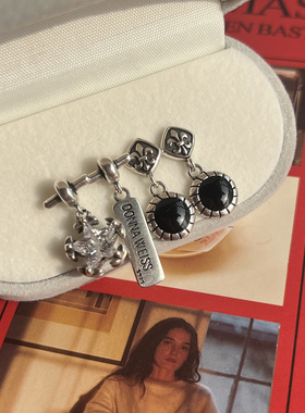 十字架ab款耳环S925银针珐琅黑色滴釉中古耳饰轻奢小众通勤耳钉女