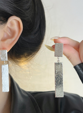 欧美风夸张时髦长方体耳环大耳饰S925银针拉丝银色高级感轻奢首饰
