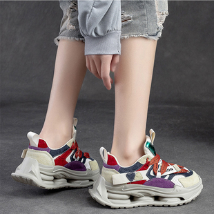 头层牛皮拼色厚底增高真皮休闲运动鞋子女ⅰns潮百搭小众老爹鞋