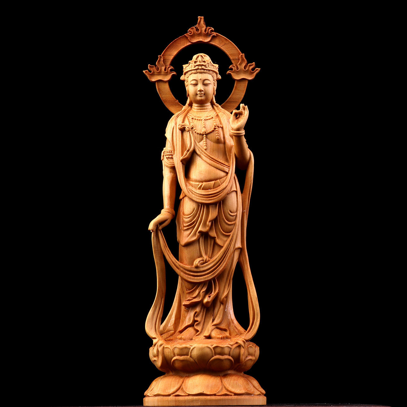 崖柏木雕火焰背光观世音菩萨佛像摆件家居供奉大势至观音工艺品