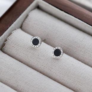 通体999足银纯银几何圆形罗马数字黑色耳钉耳饰INS风高级感轻奢潮