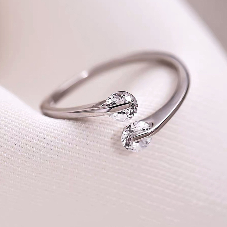 s925纯银女款简约双钻单戒指环交织的爱开口尾戒镶钻戒子指环设计