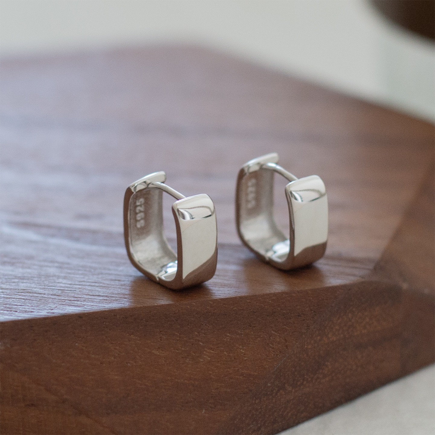 通体S925纯银方块耳扣耳环
