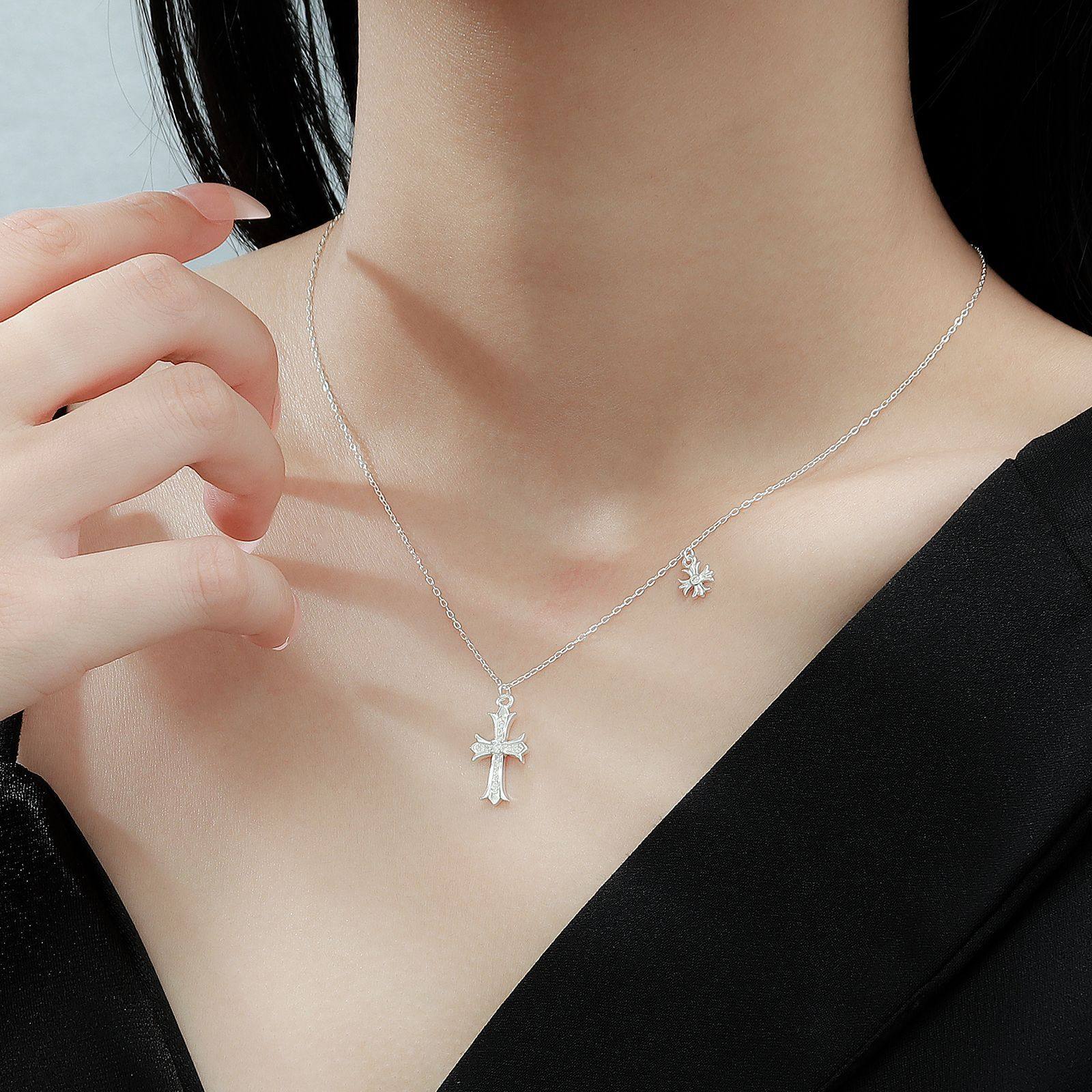 通体S999纯银足银十字架项链女轻奢小众设计感冷淡风锁骨链银颈饰,饰品/流行首饰/时尚饰品新,银饰项链,淘宝优惠券,粉丝福利购,淘宝优惠卷