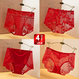 女蕾丝中高腰红色喜庆本命年马年吉祥透明提臀三角 4条性感内裤