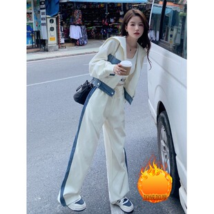 加绒加厚卫衣开衫套装女初高中学生运动学院风冬季外套长裤两件套