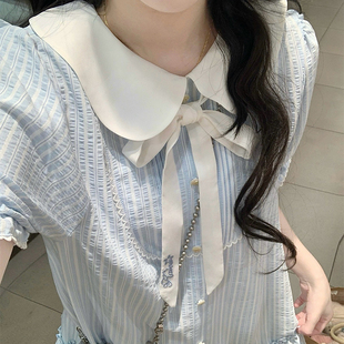 少女可爱娃娃领蓝色连衣裙夏新款小个子初高中学生法式甜美中长裙