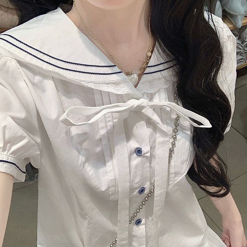 甜美短袖海军领衬衫女夏季套装裙初高中学生时尚减龄学院风中长裙