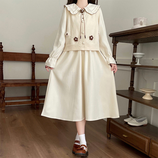 初中女生甜美秋装学院风连衣裙毛衣马甲套装裙高中学生长袖过膝裙