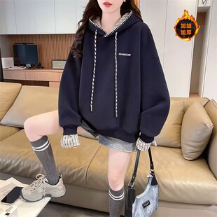 初中女生时尚运动冬季卫衣15宽松16岁高中学生加绒加厚连帽衫外套