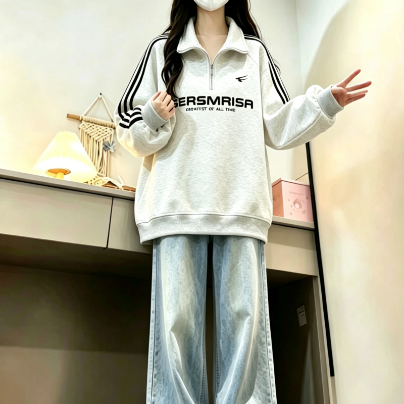 秋季新款时尚半拉链卫衣女初高中学生宽松美式运动学院风无帽卫衣