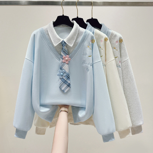 初中生校园学院风卫衣女2026春秋新款高中学生时尚小清新领带上衣