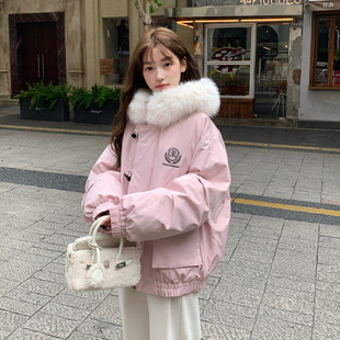 大毛领连帽羽绒棉服外套女冬季保暖棉衣初高中学生时尚工装派克服