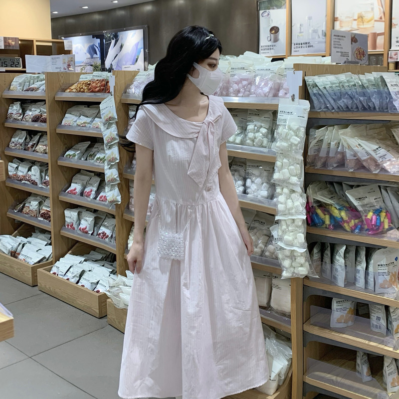 少女小清新温柔风连衣裙夏季漂亮裙子初高中学生甜美蝴蝶结中长裙