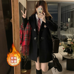 校园学院风气质大衣女初高中学生冬季加厚毛呢夹棉中长款风衣外套