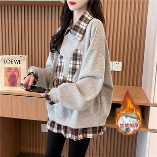 高中生秋冬加绒加厚翻领卫衣女宽松初中学生假两件贝贝绒上衣外套