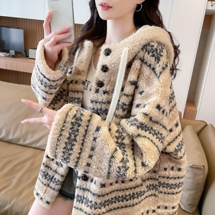 冬季加绒加厚羊羔毛外套女初高中大学生韩系保暖毛呢夹克连帽棉袄