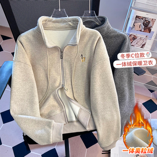 高中生时尚加绒加厚卫衣女初中学生休闲短款一体绒无帽开衫外套冬