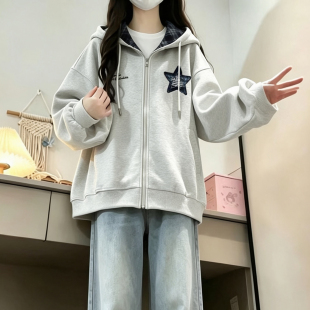 秋季新款运动学院风外套女初高中大学生宽松时尚百搭连帽开衫卫衣