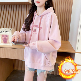 高中女生加绒加厚卫衣秋冬新款初中学生宽松甜美学院风连帽衫外套