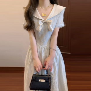 少女甜美海军领条纹连衣裙夏新款初高中大学生法式气质学院风长裙