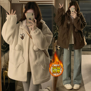 初中女生宽松可爱羊羔毛呢子外套冬高中学生加绒加厚中长款棉衣服