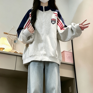 秋冬季新款无帽开衫卫衣女初高中大学生宽松运动学院风棒球服外套