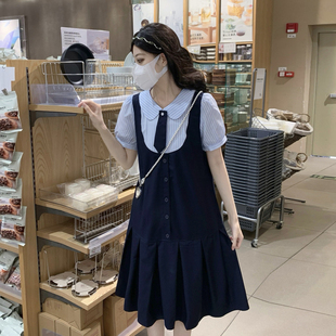 少女学院风假两件连衣裙夏新款小个子初高中学生甜美娃娃领中长裙