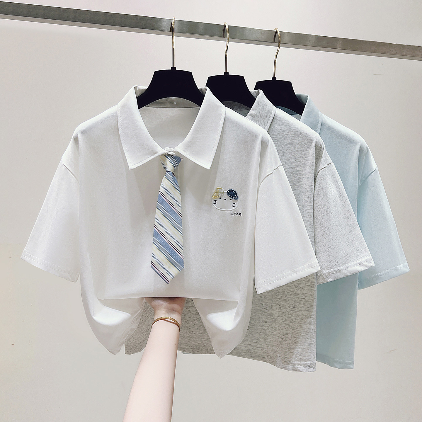 少女大童纯棉Polo翻领T恤夏新款15岁初高中学生洋气刺绣领带上衣