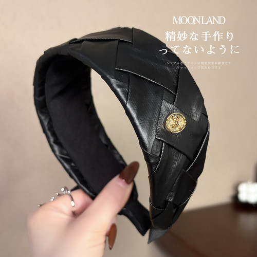 简约高级感黑色皮革编织宽边发箍
